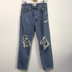 AGOLDE 90s Straight Leg Jeans 25 Ripped Distressed High Rise Fall Out Blue‎